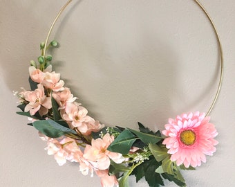 Pink Flowers Gold Hoop Wreath, Wildflower Mix Artificial Wreath