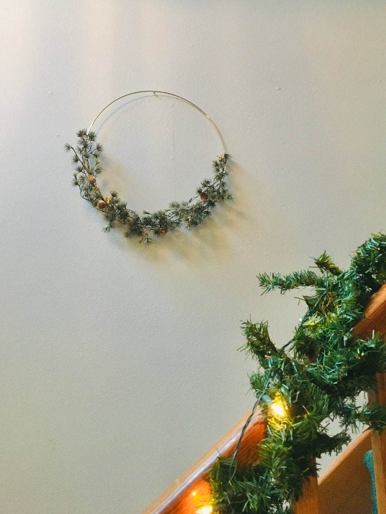 Holiday Gold and Pine Modern Christmas/Winter/ Front Door Hoop Wreath image 2