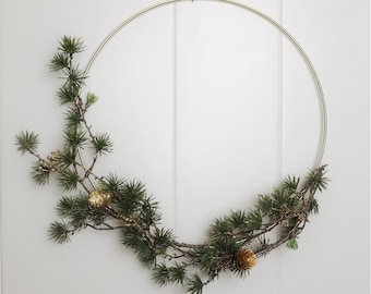 Holiday Gold and Pine Modern Christmas/Winter/ Front Door Hoop Wreath