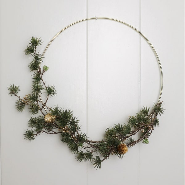 Holiday Gold and Pine Modern Christmas/Winter/ Front Door Hoop Wreath