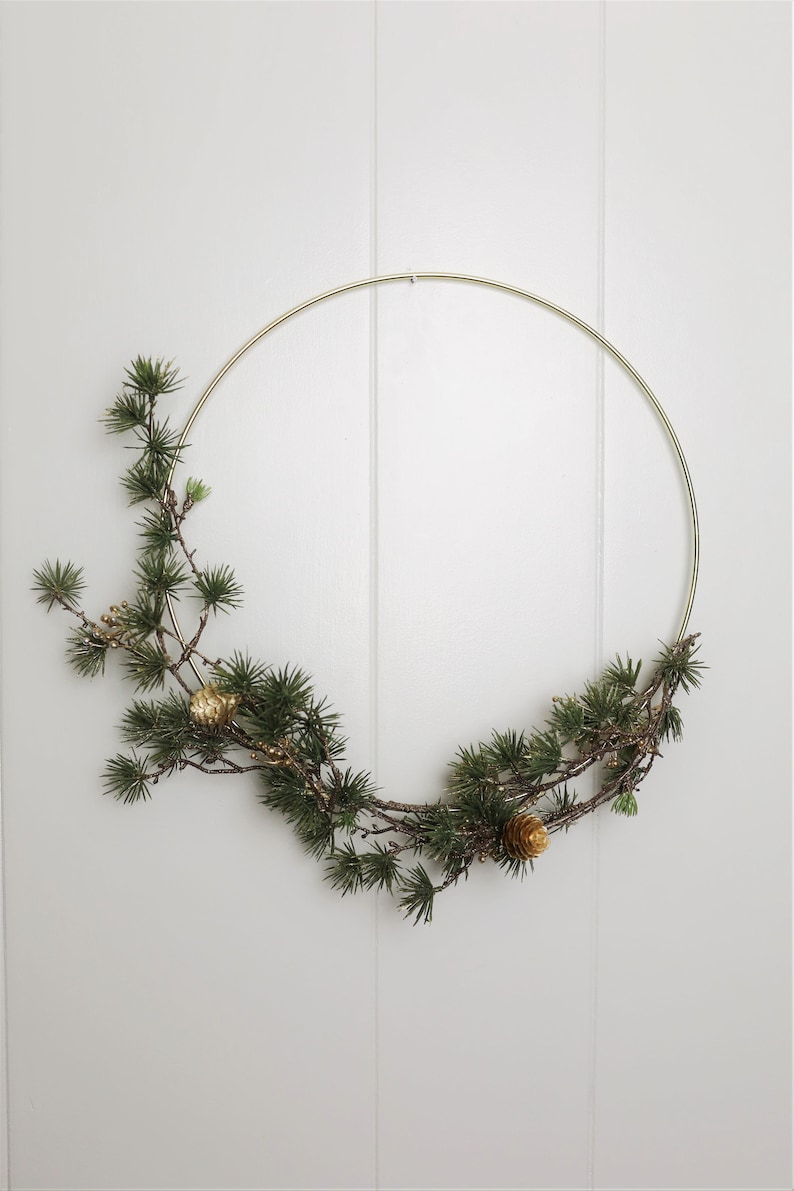 Holiday Gold and Pine Modern Christmas/Winter/ Front Door Hoop Wreath image 1