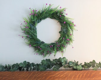 26" Fern and Purple Flower Wreath, Large Mixed Greenery Wreath for Fireplace Mantle Decor, Front Door