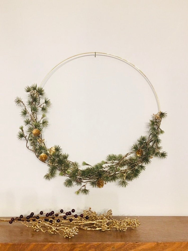 Holiday Gold and Pine Modern Christmas/Winter/ Front Door Hoop Wreath image 4