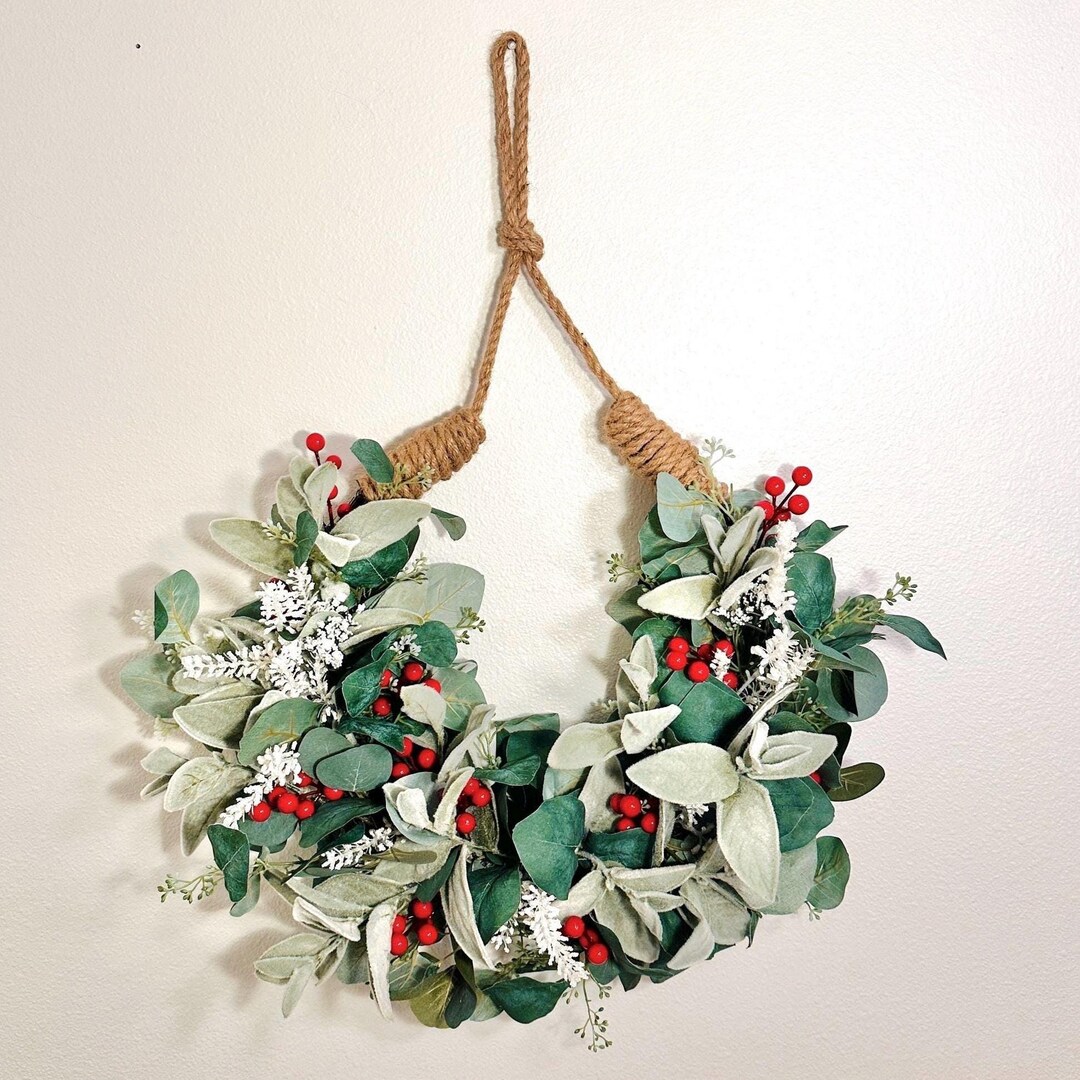Christmas Red Berry and Lamb’s Ear Eucalyptus Front Door Hanger Wreath ...
