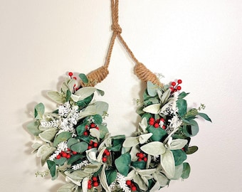 Christmas Red Berry and Lamb’s Ear Eucalyptus Front Door Hanger Wreath