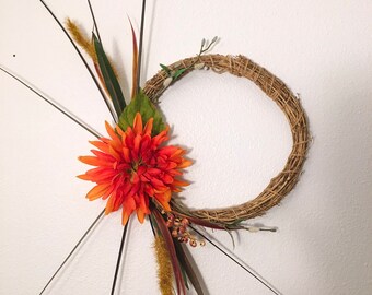 Orange Flower Fall Farmhouse Wreath, Seasonal Autumn Decor, Medium