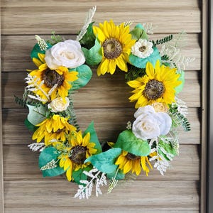 Summer Sunflower Wreath for Front Door – 20 in Artificial Wreath with White Roses, Greenery, Ferns – Bright Yellow & Green Cheerful Florals