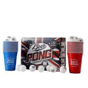 Beer Pong Set 48 PCS Union Jack Colours American Adult Indoor Novelty Party Drinking Game 24 Re-usable Cups and 24 High Bounce Balls Jubilee