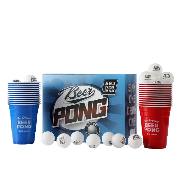 Beer Pong Set 48 PCS American Adult Indoor Novelty Party Drinking Game 24 Printed Red and Blue Re-usable Cups and 24 High Bounce ABS White