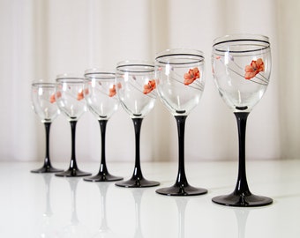 6 Luminarc, Floral Wine Glasses, Black Stems & Black, Pink Flowers.