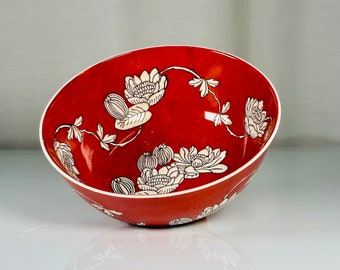 Nora Fenton | Chinese Coral Red Porcelain | Lotus Bowl Vintage 1970’s Home Decor 8”