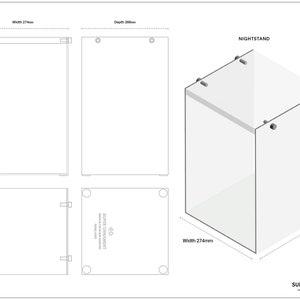 May include: A clear glass nightstand with a rectangular shape and a height of 424 mm. The nightstand has a width of 274 mm and a depth of 266 mm. The nightstand is made of glass and has a clear finish. The nightstand is designed to be used as a side table or nightstand.