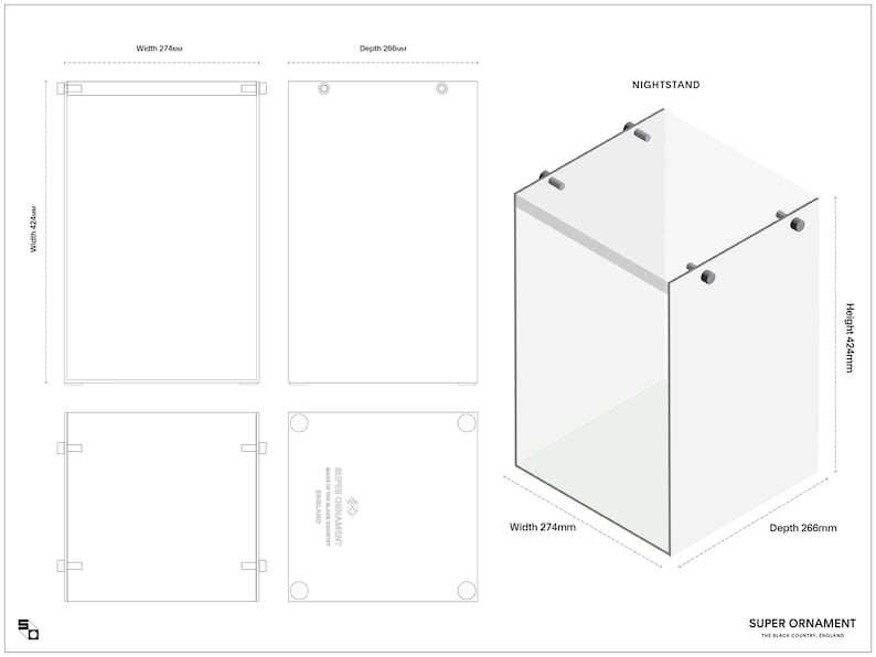 May include: A clear glass nightstand with a rectangular shape and a height of 424 mm. The nightstand has a width of 274 mm and a depth of 266 mm. The nightstand is made of glass and has a clear finish. The nightstand is designed to be used as a side table or nightstand.