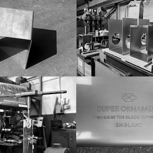 May include: Black and white photo collage showing the manufacturing process of metal furniture. The first image shows a metal stool. The second image shows metal pieces being cut and shaped. The third image shows a metal piece being drilled. The fourth image shows a metal sheet with the text "SUPER ORNAMENT MADE IN THE BLACK COUNTRY ENGLAND".