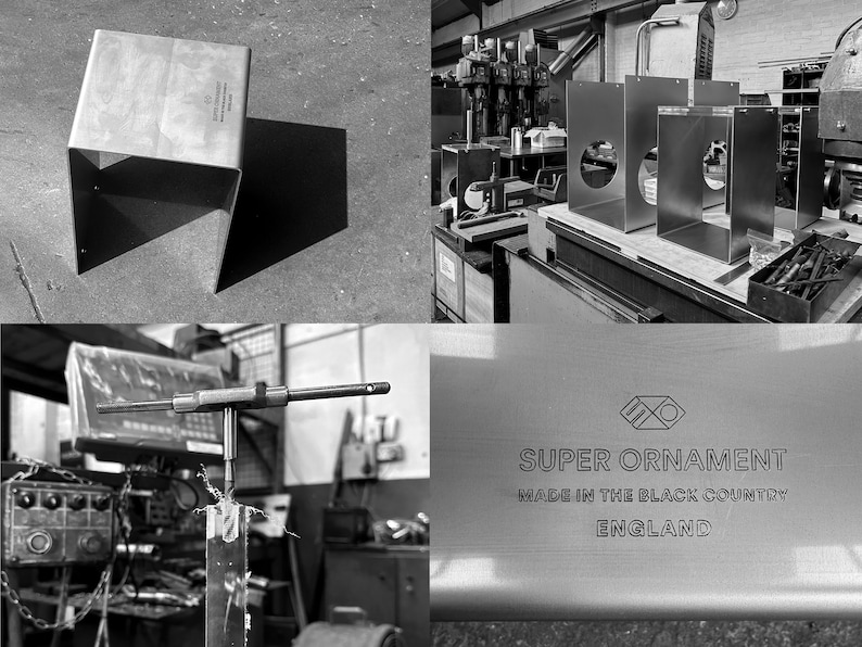 May include: Black and white photo collage showing the manufacturing process of metal furniture. The first image shows a metal stool. The second image shows metal pieces being cut and shaped. The third image shows a metal piece being drilled. The fourth image shows a metal sheet with the text "SUPER ORNAMENT MADE IN THE BLACK COUNTRY ENGLAND".