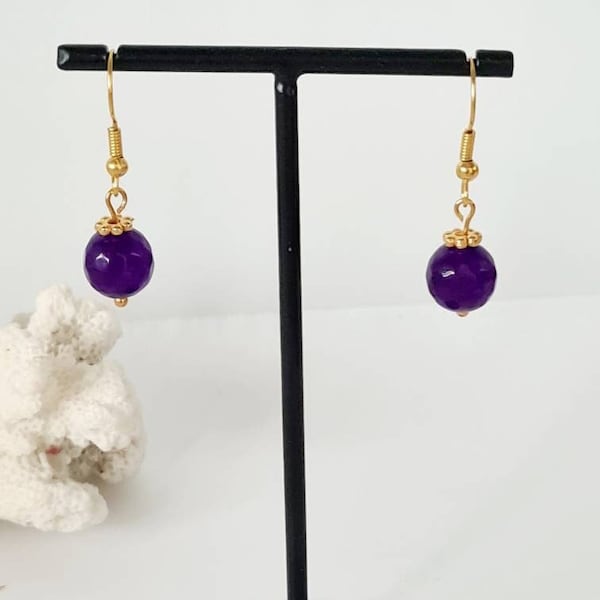 Boucles d'oreilles jade à facettes violet, bijou à offrir