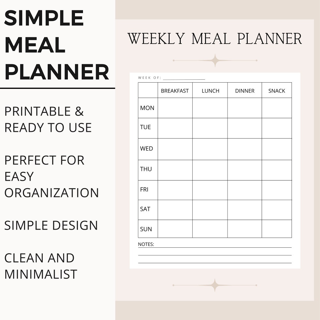 Simple Meal Planner Printable Weekly Meal Plan Instant - Etsy