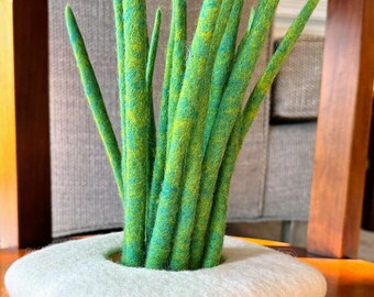 Wet Felted White Vessel with Felted Asparagus Stalks