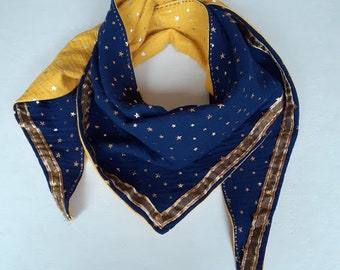 Double-gase double-gasche scarf reversible navy blue gold stars / mustard silver stars and golden border