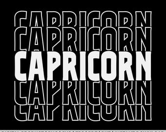 May include: Black and white graphic design featuring the word "CAPRICORN" repeated five times in a stacked, layered design. The word is outlined in white and filled in black.