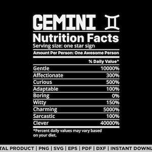Gemini nutrition facts svg, png, zodiac sign shirt design, eps, pdf, dxf, cricut files, digital download