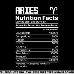 Aries nutrition facts svg, png, zodiac sign shirt design, eps, pdf, dxf, cricut files, digital download