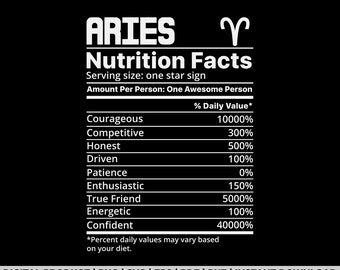 Fatti nutrizionali dell'Ariete in formato SVG, PNG, design della camicia del segno zodiacale, eps, pdf, dxf, file cricut, download digitale