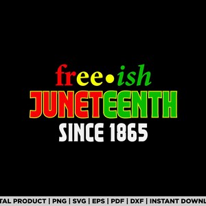 以下が含まれることがあります： 黒の背景に、赤、黄、緑、白の文字で「free ish JUNETEENTH SINCE 1865」と書かれたデジタルデザイン。このデザインはデジタルダウンロード用です。