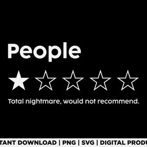 May include: A black graphic design featuring the white text People above a five-star rating system where only the first star is filled in white. Below the stars, the white text reads Total nightmare, would not recommend.