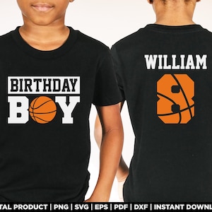 Peut inclure: T-shirt noir avec du texte blanc qui dit "Birthday Boy" et un graphique de basket-ball. Le deuxième t-shirt est noir avec du texte blanc qui dit "William" et un graphique de basket-ball.