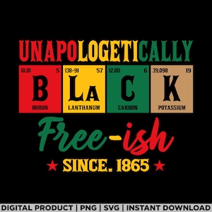 May include: A black graphic design featuring the words "UNAPOLOGETICALLY BLACK" in red, yellow, green, and brown, with "Free-ish" and "SINCE. 1865" in red and green. The design is styled like a periodic table.