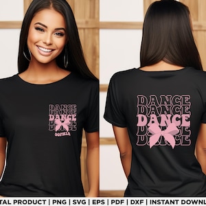 May include: Black t-shirt with a pink bow and the word "DANCE" repeated in a stacked design. The name "SOPHIA" is below the bow on the front. The back of the shirt also features the "DANCE" design and bow.