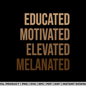 Pode incluir: Fundo preto com as palavras "EDUCATED, MOTIVATED, ELEVATED, MELANATED" em fonte marrom. A parte inferior da imagem inclui o texto "DIGITAL PRODUCT | PNG | SVG | EPS | PDF | DXF | INSTANT DOWNLOAD".