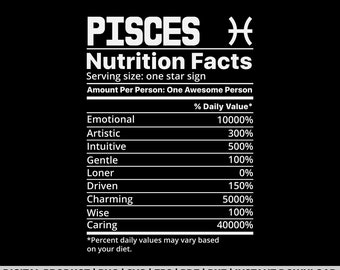 May include: A black graphic with white text that reads "PISCES Nutrition Facts." The text lists personality traits with percentage values, such as "Emotional 10000%" and "Caring 40000%." The bottom of the graphic says "DIGITAL PRODUCT | PNG | SVG | EPS | PDF | DXF | INSTANT DOWNLOAD."