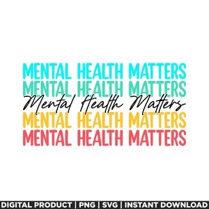 Pu&ograve; includere: Un design grafico con il testo "Mental Health Matters" ripetuto cinque volte in diversi colori. I colori sono turchese, giallo, rosa e arancione. Il testo &egrave; in un carattere corsivo in grassetto.