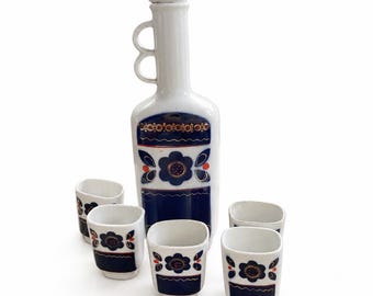 Vintage Soviet Porcelain Vodka Decanter Set Bottle & 5 Cups USSR
