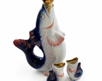 Vintage Soviet Porcelain Fish Decanter Set Bottle & 2 Cups USSR