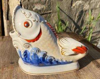 Vintage Porcelain Figurine Fish USSR/Soviet from Korosten Pencil Holder and Pens