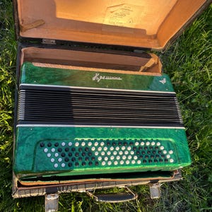 May include: A green pearlescent button accordion with black bellows and a grid of black and white circular buttons. The instrument features a Cyrillic inscription in white script and a small bird emblem, housed within an open, tan-lined hard case.