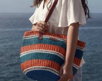 Large 12" blue, orange blue tote bag, African basket, Woven handbag, African handbag, Kenyan bag, Handbag, Market bag