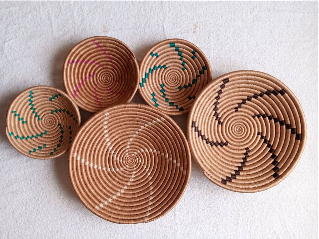 African Basket Wall Decor, Large Set of 5 Wicker Wall Baskets, Wall Art