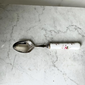 Op de afbeelding: Een zilveren lepel met een witte handgreep versierd met roze en groene bloemmotieven. De lepel heeft een ovale vorm en reflecteert het licht. Een elegant en decoratief tafelobject.