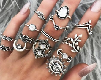 10 Piece Unique Rings Knuckle Ring Set Vintage Carving Turquoise Boho Stackable Rings Bohemian Ring Set for Women and Girls