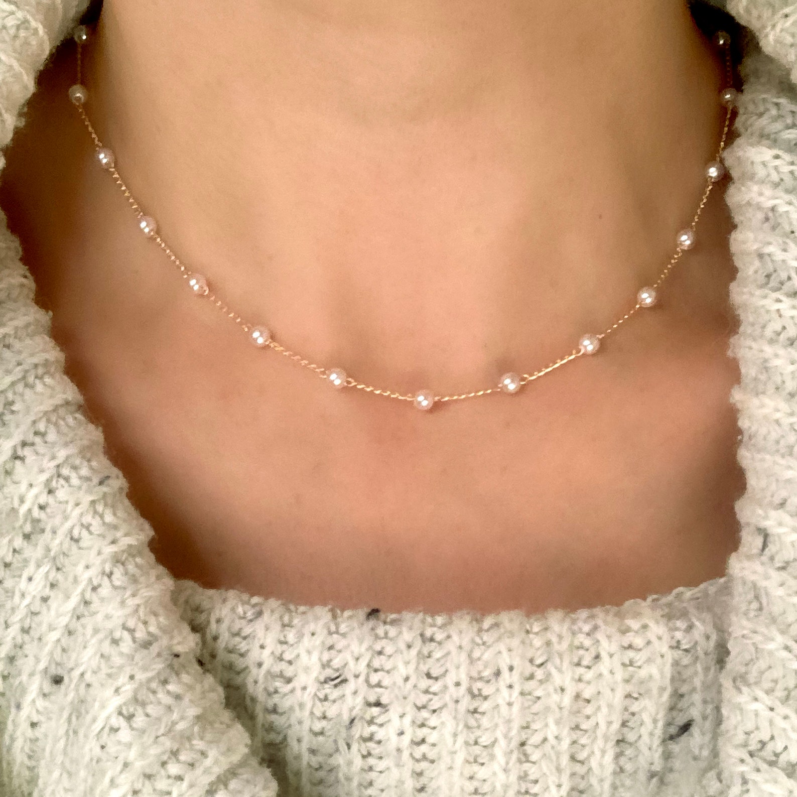 Pearl Necklace Gold Chain Floating Pearls Station Necklace Etsy