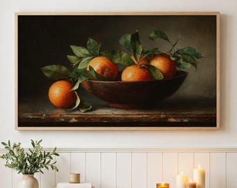 Frame TV Art Fruit Bowl of Oranges, Vintage Moody Still Life Digital Oil Painting, Cover Art for Samsung or Laptop Screensaver