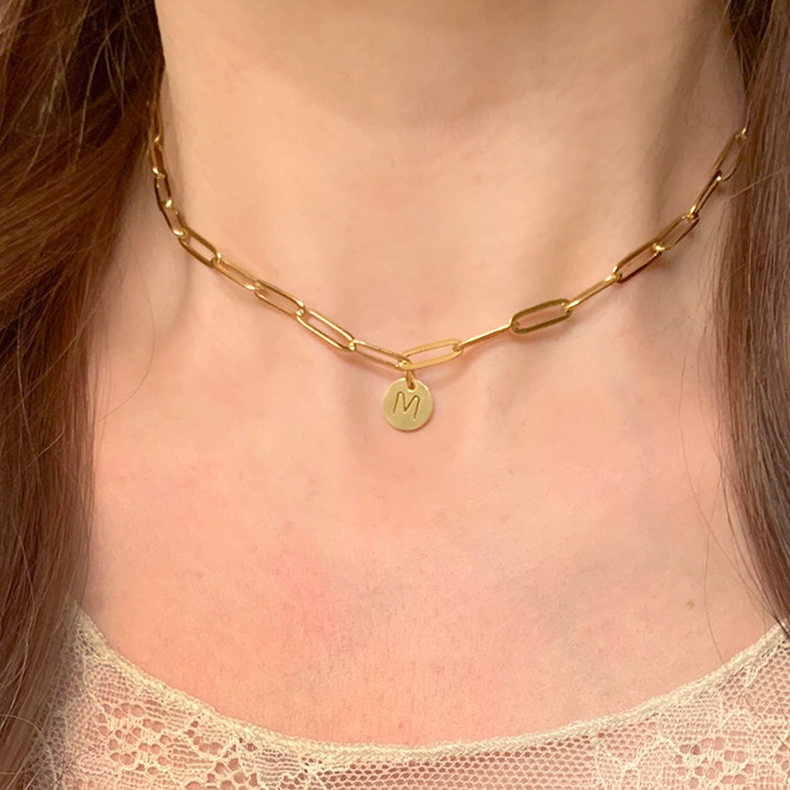 Paper Clip Initial Necklace Personalized Gold Link Chain Etsy