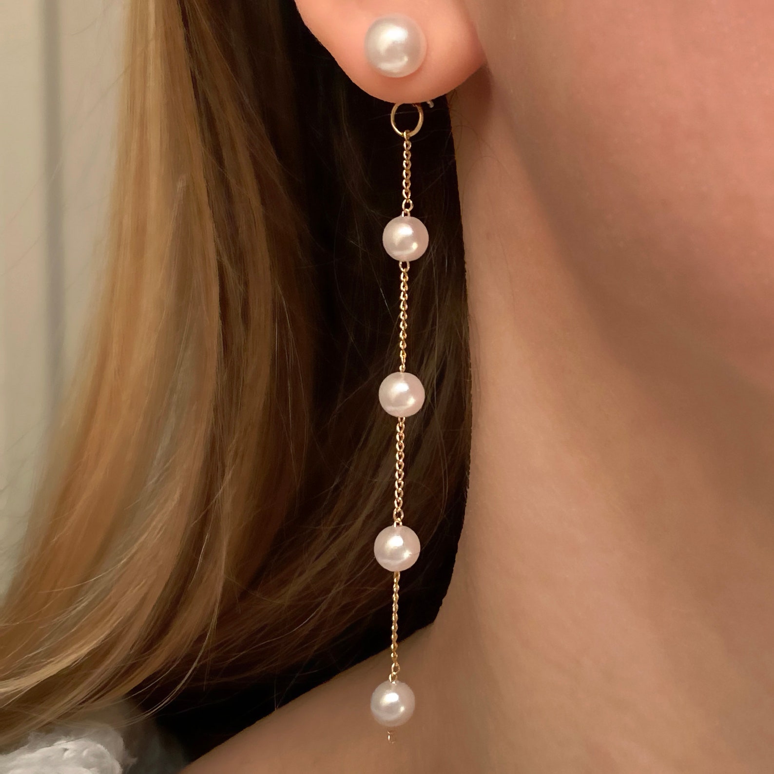 Pearl Necklace Gold Chain Floating Pearls Station Necklace Etsy