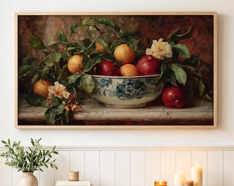 Chinoiserie Frame TV Art, Vintage Moody Still Life Fruit Digital Oil Painting Download
