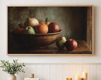 Still Life Frame TV Art, Vintage Fruit Digital Oil Painting, Moody Laptop Screensaver for Samsung 4K