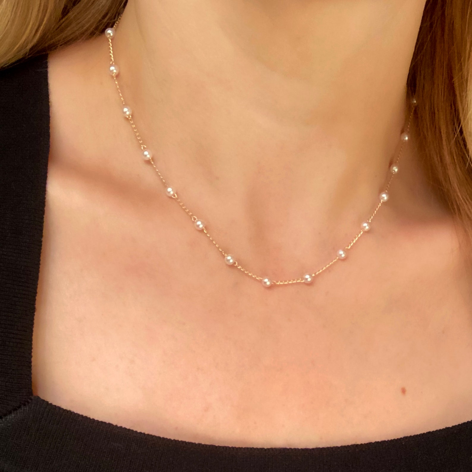 Pearl Necklace Gold Chain Floating Pearls Station Necklace Etsy